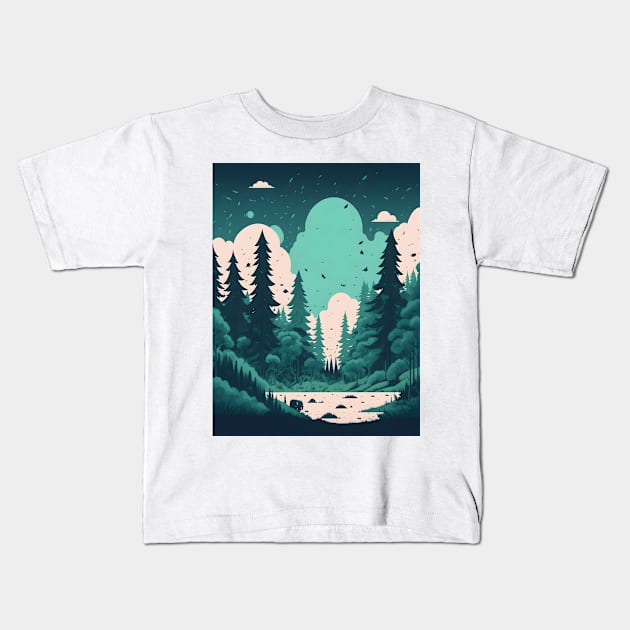 pine forest landscape magic Kids T-Shirt by Anik Arts